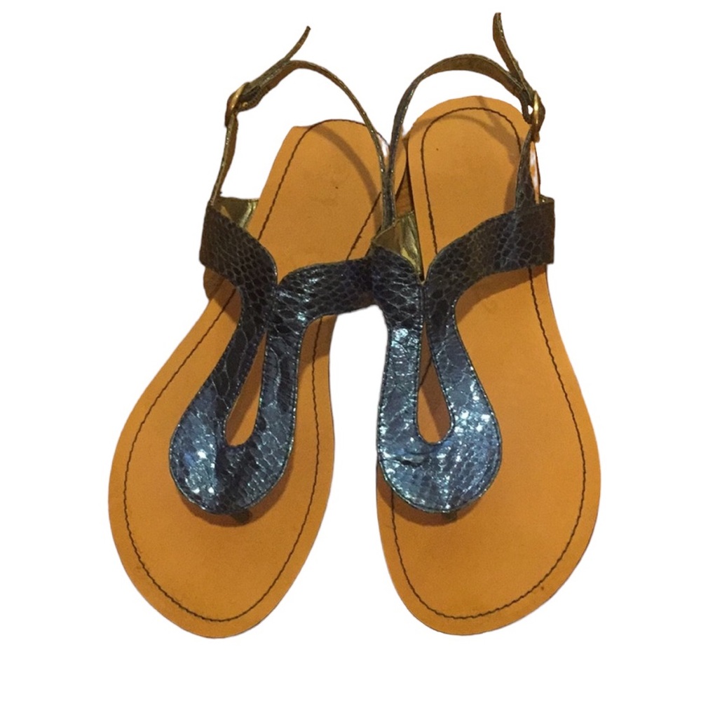 Electric Blue Faux Snakeskin Flat T Strap Style Sandals